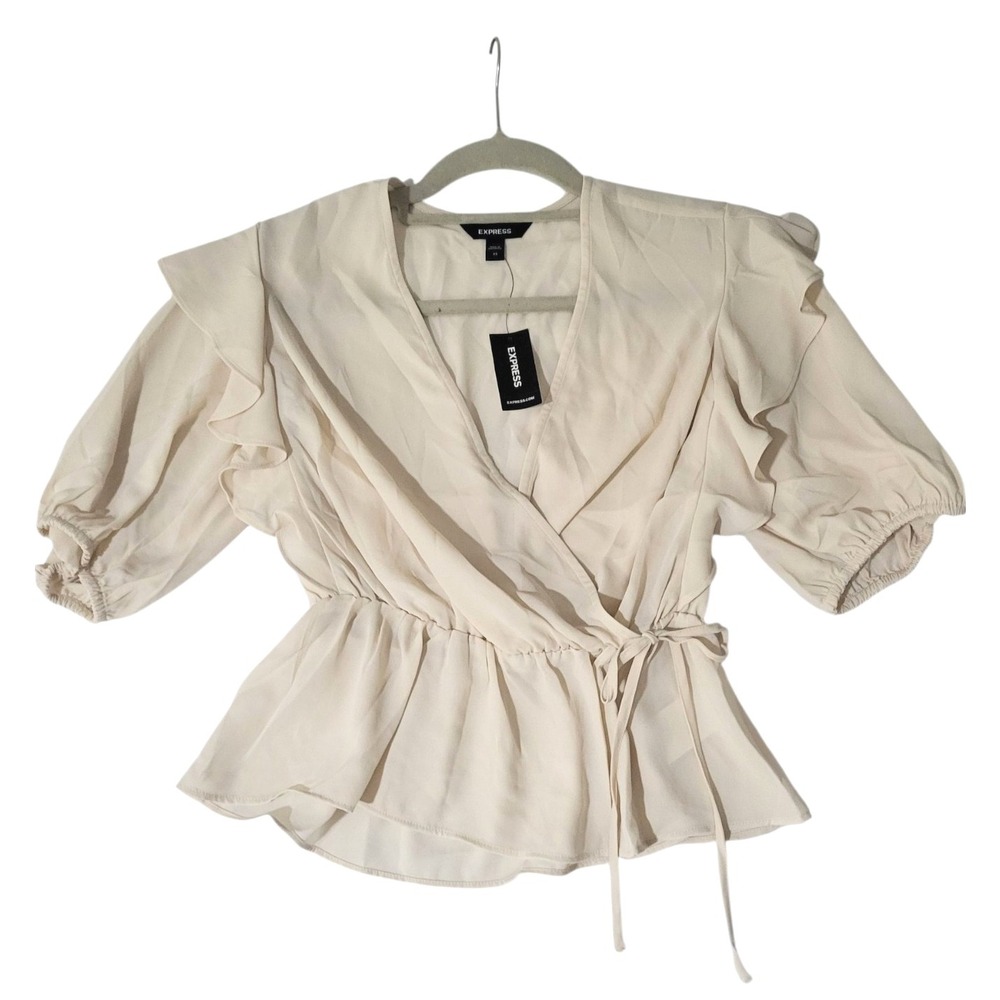New Express Women's XS V-Neck Puff Peplum Blouse Top Ivory Cream Nwt Coquette
